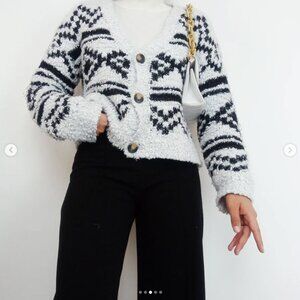Hippie‎ Rose | Fuzzy Geometric Button Cropped Cardigan in Black & White